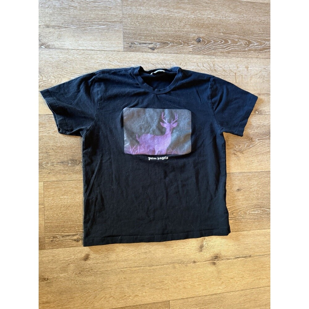 Palm Angels Mens Black Short Sleeve T-shirt Night Vision Deer Size Large